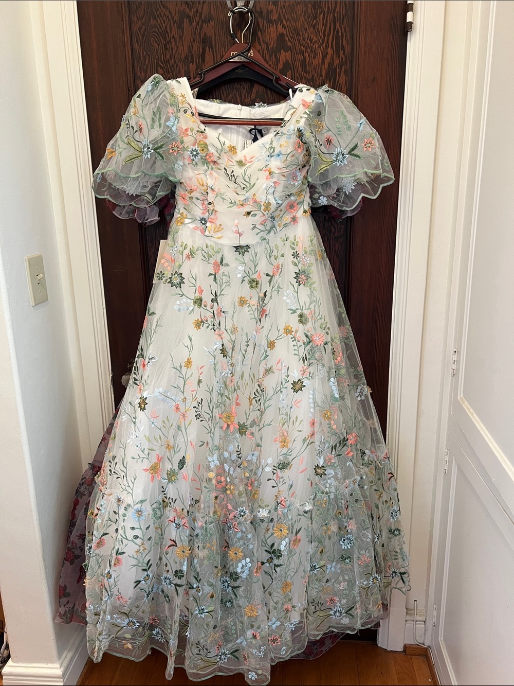 JessaKae White Floral Embroidered Prom Dress with Pastel Accents